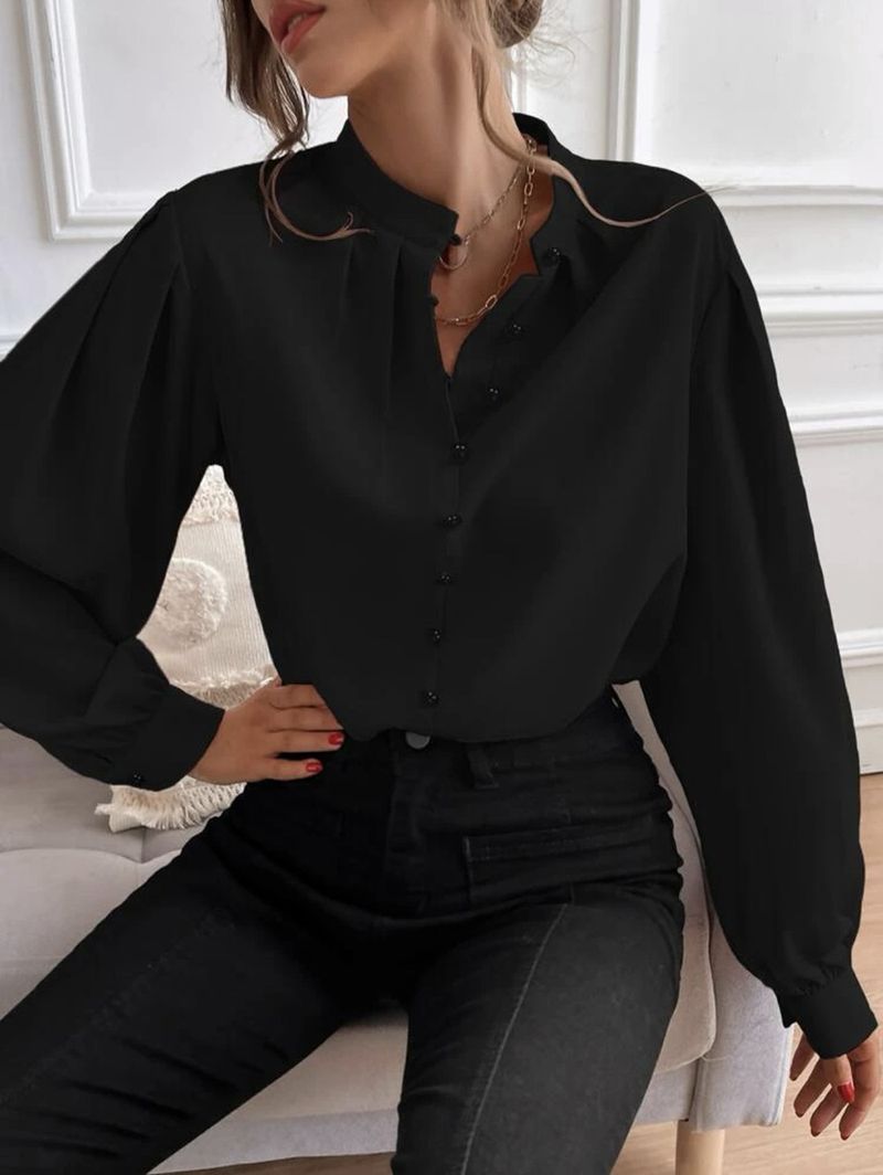 Women's popular half open collar solid color loose long sleeves elegant shirt _voghion.com