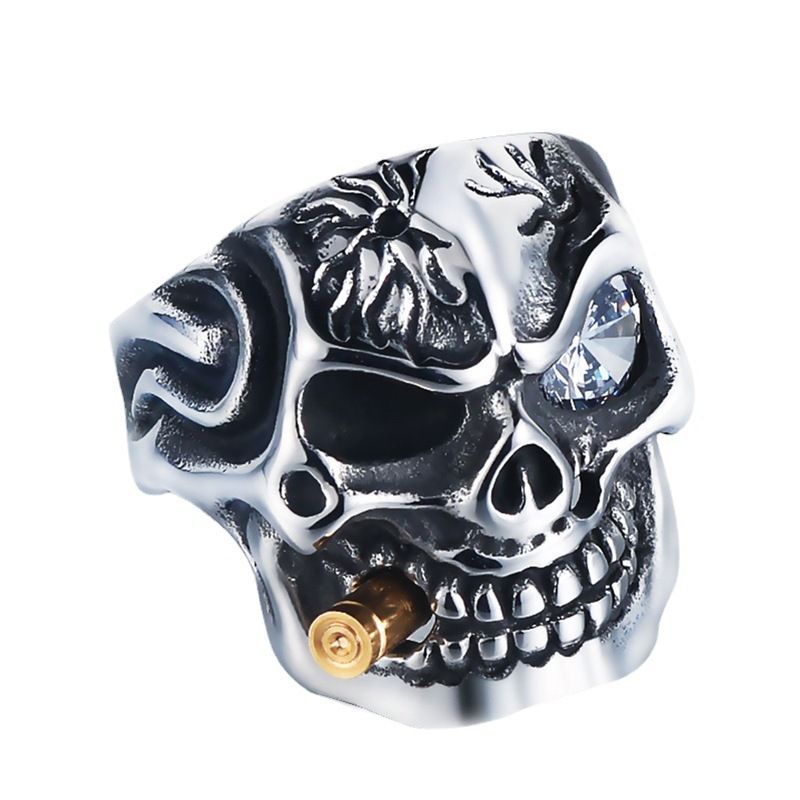 Para homens com anel de cabeça de caveira de charuto de dragão de um olho incrustado com diamantes incrustados, joias de Halloween_voghion.com