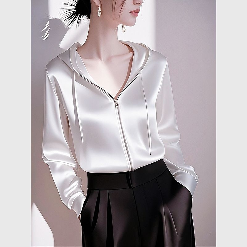 Women's Clothing White Satin Hooded Sweatshirt Jacket Beautiful Zipper Coat_voghion.com