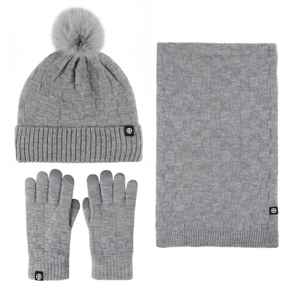 Dreiteiliges Set aus Unisex-Winterschal und Samt, dreiteiliges Set aus warmer Wollknäuel-Strickmütze für den Außenbereich, Schal und Handschuhe_voghion.com