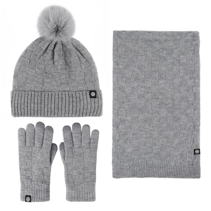 Unisex winter scarf three piece set with velvet, outdoor warm wool ball knitted hat, scarf and gloves three piece set_voghion.com