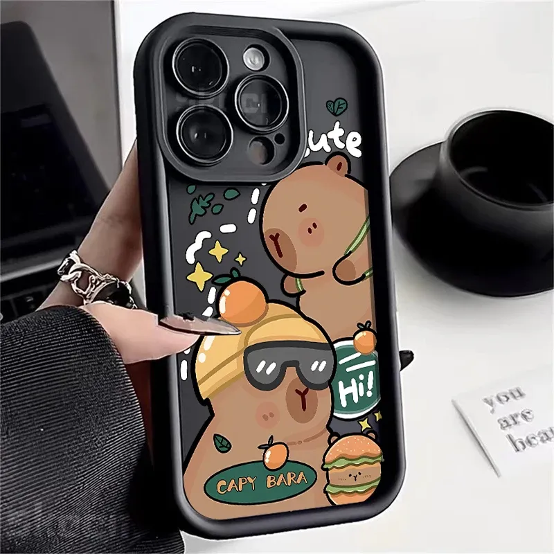 Séiss Kapibara Telefonshülle fir iPhone 16 15 14 13 12 11 Pro Max X XS XR 7 8 Plus witzeg Déieren mëll Silikonhülle_voghion.com
