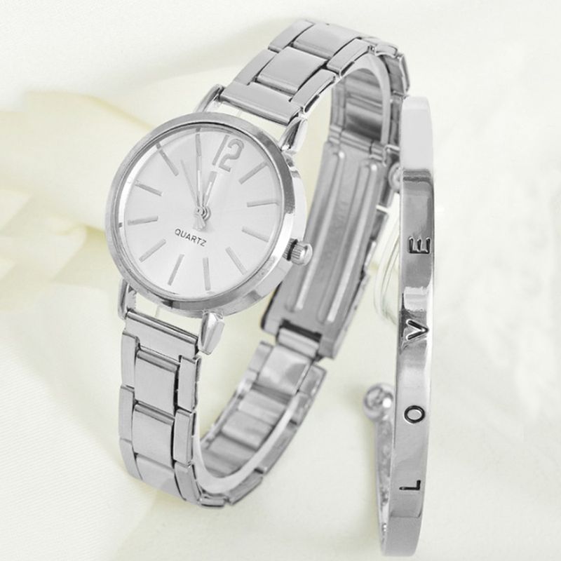 Klein stalen ronde quartzhorloge + liefdesarmbandset_voghion.com