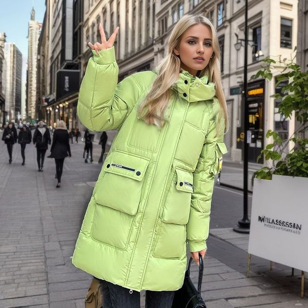 Γυναικείο μεσαίο μακρύ, φαρδύ, χοντρό, φοιτητικό μπουφάν με κουκούλα, μοντέρνο, ζεστό μπουφάν με βαμβακερή επένδυση_voghion.com