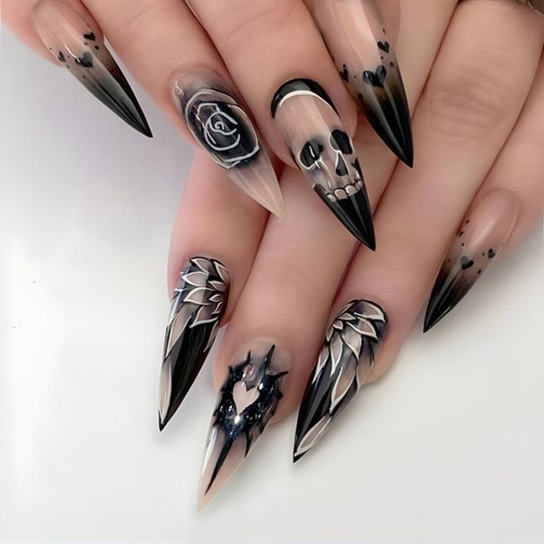 Halloween Scheletro Notte Rosa Falso Scuro Punk Moda Indossando Unghie Patch Finito B68_voghion.com