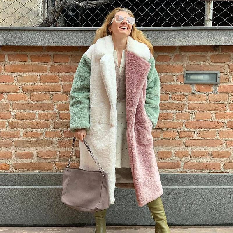 Women's Clothing Fashionable Color Blocked Rex Rabbit Fur Coat Autumn And Winter Thickened Long Fur Coat _voghion.com