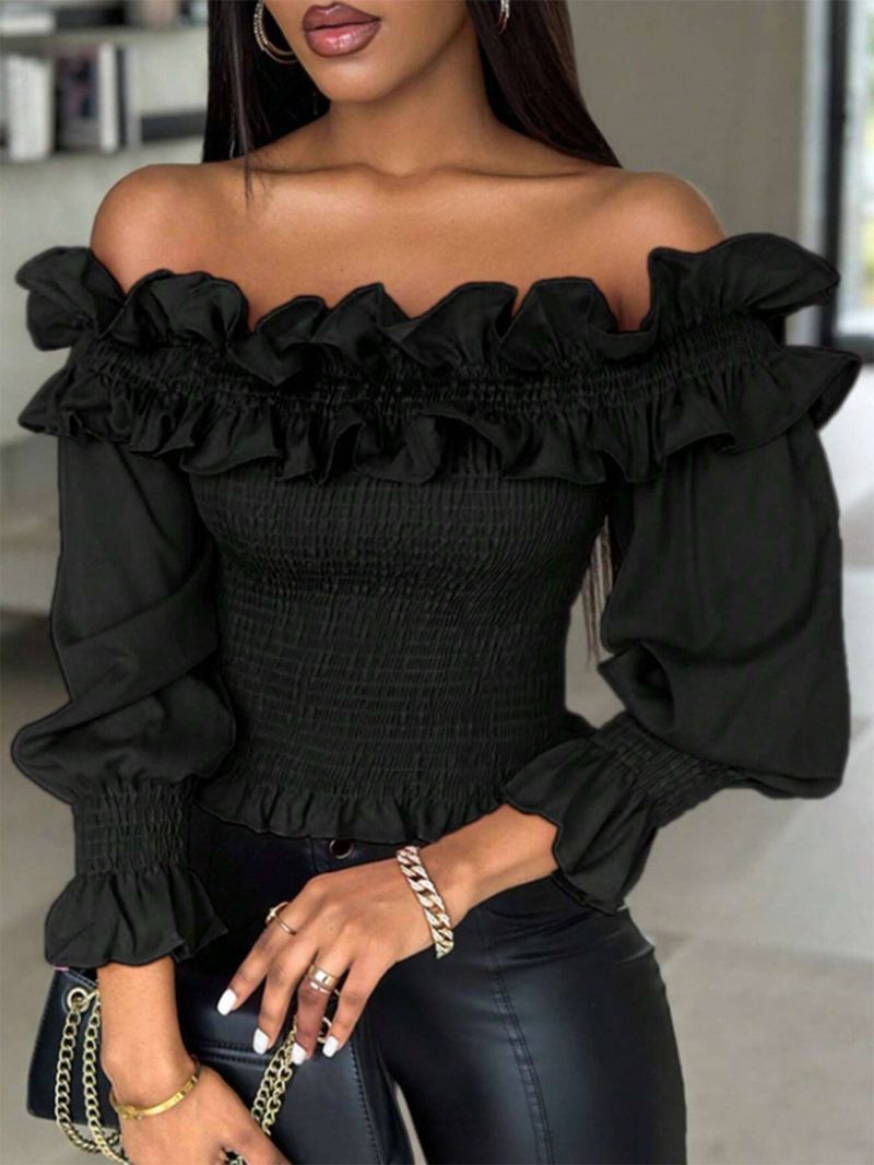 Women's Casual Ruffled Collar One-Shoulder Mid-Length Sleeve Blouse_voghion.com