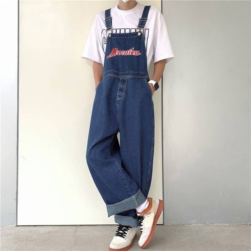 Men's Clothing Retro Embroidered Letter Denim Overalls Men's Street Hiphop Hip Hop Loose One Piece Wide Leg Overalls_voghion.com