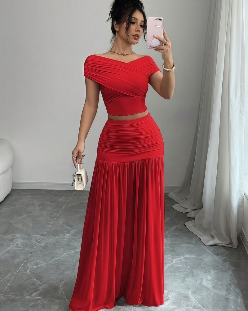 Women's Clothing Summer New Style Solid Color One Shoulder Top Waist Pleated Patchwork Skirt Two Piece Set_voghion.com