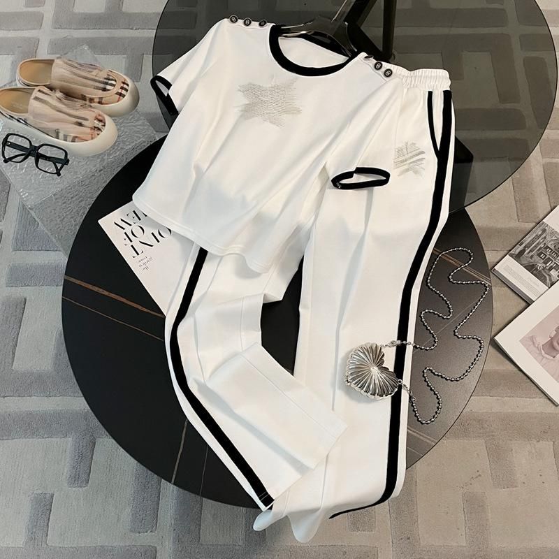 Women's Clothing Casual Sports Fashionable And Slim Short Sleeved High Waisted Straight Pants Two Piece Suit Temperament_voghion.com