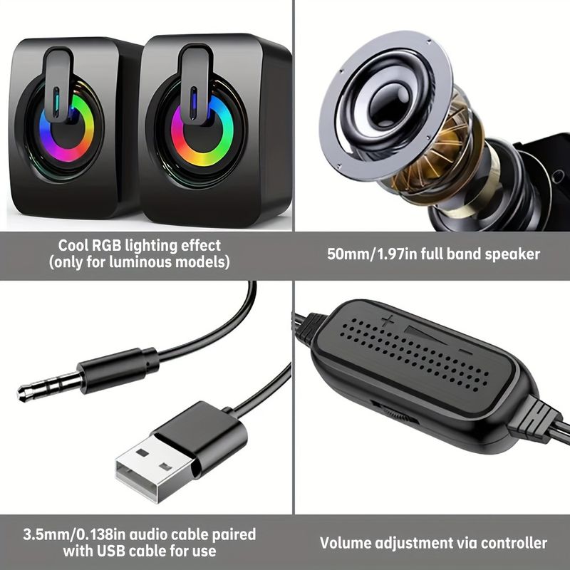 Computer Speaker PC Speaker HIFI Stereo USB Cable With LED Light Suitable For PC, Laptop, Smartphone, TV_voghion.com