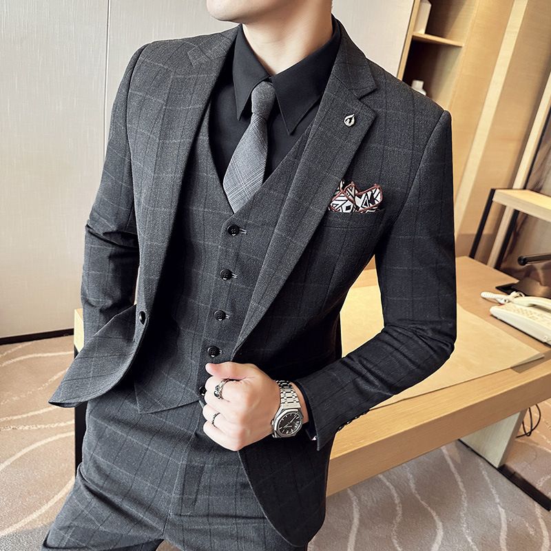 CT Men's Quality Fabric Set Plaid Three-Piece Suit For Groomsmen And Best Men_voghion.com