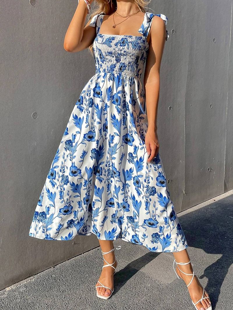 Printed sleeveless round neck holiday wind dress_voghion.com