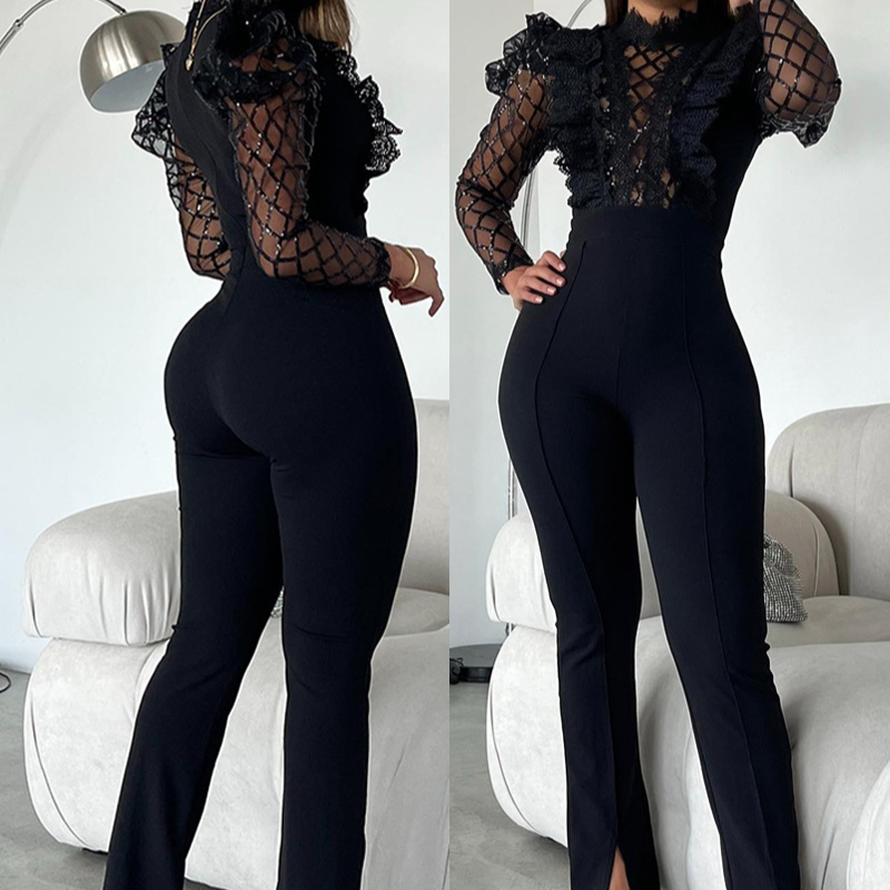 Women's Clothing  Black Sequin Mesh Lace Design Long Sleeve Tight Leg Slit Jumpsuit_voghion.com