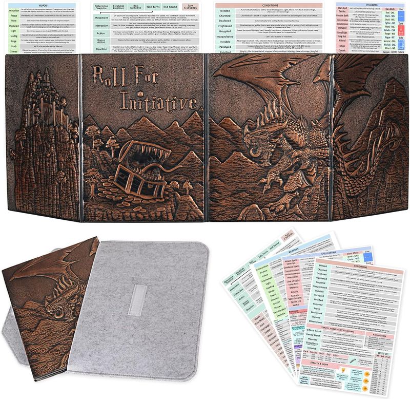 DND Dungeon Master Bildschirm Kunstleder Geprägter Drache & Mimic, 4-Panel Mit Taschen, DM-Sieb Für Dungeons And Dragon, Pathfinder, D&D_voghion.com