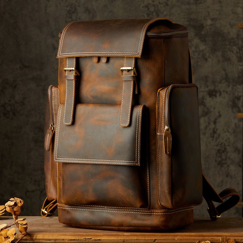 Handmade Cowhide For Men, Large Capacity Motorcycle Riding Travel Genuine Leather Bag, Trendy Brand Laptop Backpack_voghion.com