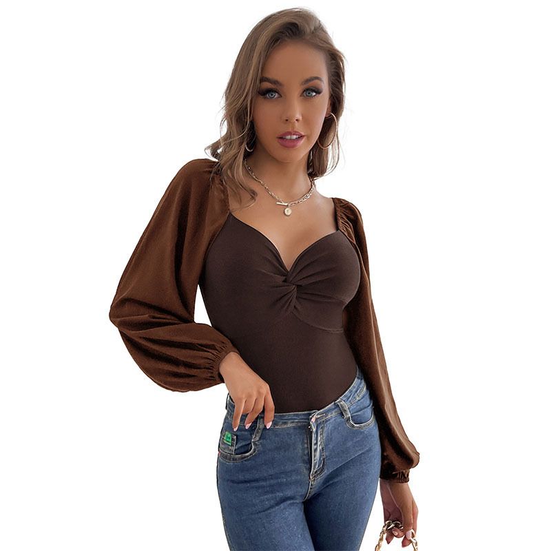 Solid Color Kink V-neck Long-sleeved Jumpsuit_voghion.com