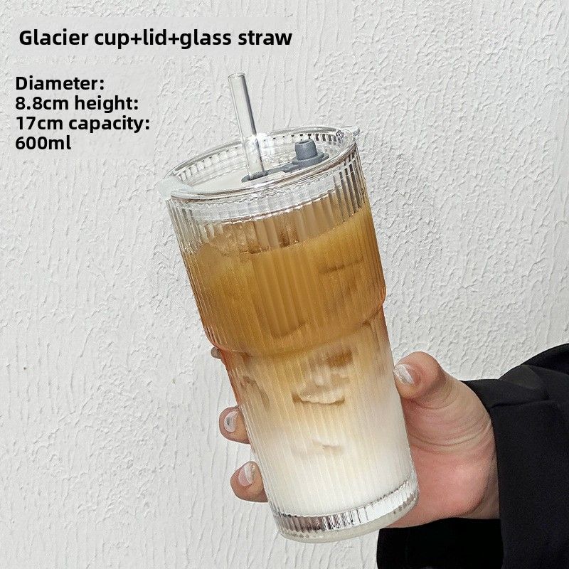 High-Quality Cold Drink Juice Coffee With Lid And Straw Vertical Striped Glass Water Cup Ins Style Large Capacity_voghion.com