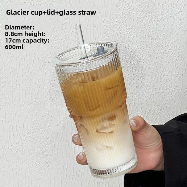 High-Quality Cold Drink Juice Coffee With Lid And Straw Vertical Striped Glass Water Cup Ins Style Large Capacity_voghion.com
