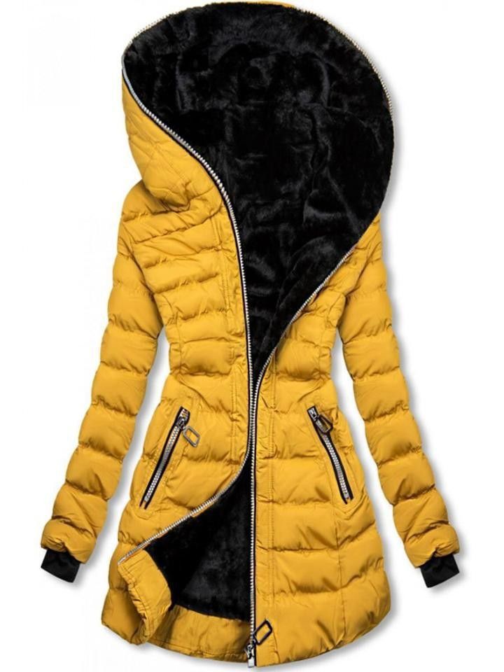 Damen Winterjacke mit Kapuze, langen Ärmeln, Plus Samt, Baumwolle, mittellang, Reißverschluss_voghion.com