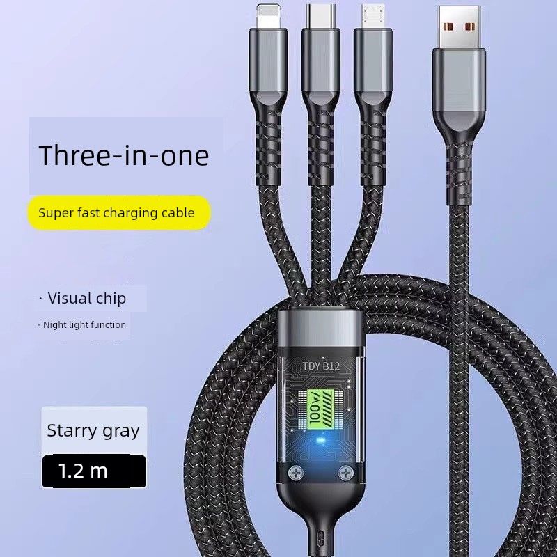 100W Three-in-One Super Fast Charge Data Cable One-to-Three Woven Transparent Smart Chip For Huawei Oppo Xiaomi_voghion.com