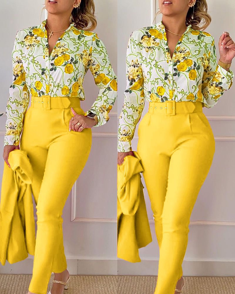 Ensemble deux pièces décontracté pour femme, imprimé, col montant, chemise à manches longues, haut et pantalon_voghion.com