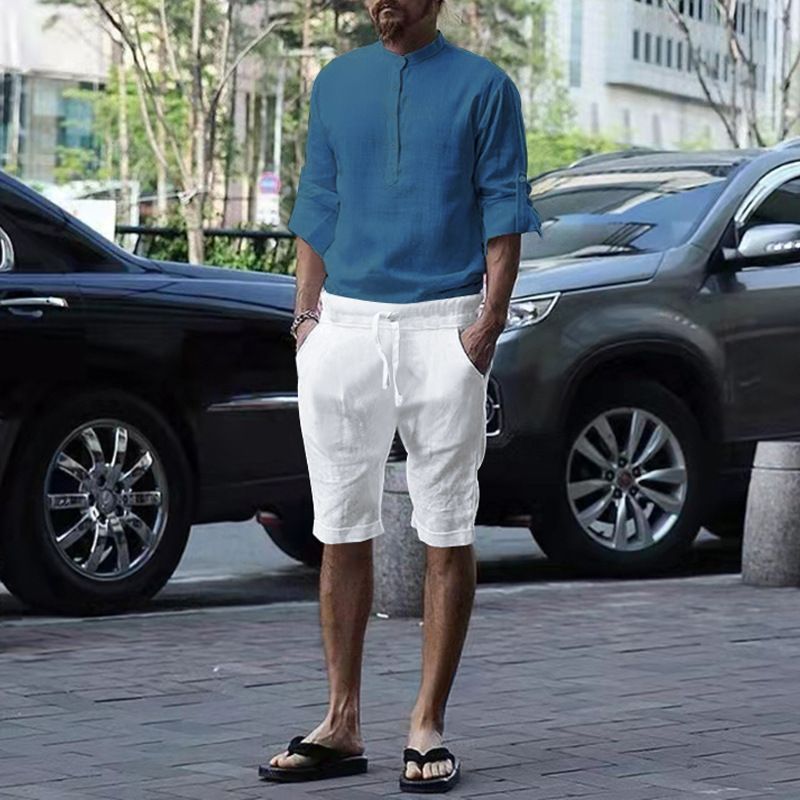 Costume d'été pour hommes, short court à cinq points, T-shirt ample, couleur pure, manches longues, en coton et lin_voghion.com
