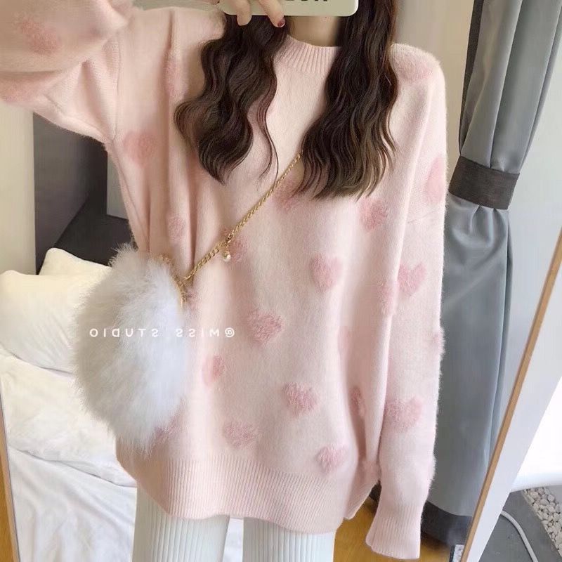 2024 Herbst/Winter Neuer Pullover aus Nerz und Plüsch mit dickem Herz für Damen, koreanische Version, Pullover im Lazy-Style, lockere Jacke_voghion.com