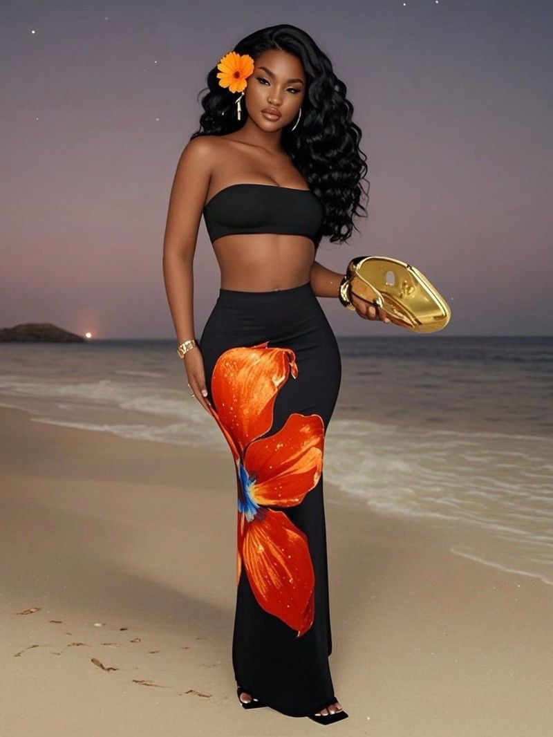 Sexy Set mit Tube-Top und Rock mit Blumendruck – figurbetontes Kleid-Outfit für Damen, Sommerparty, Strandurlaub, Streetstyle (S/M/L)_voghion.com