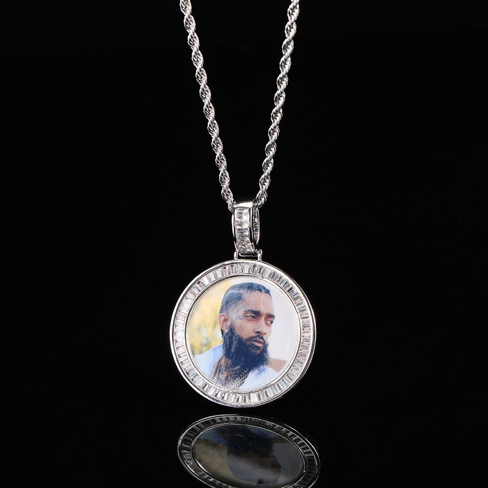 Chain Necklaces Hip hop memory photo pendant copper set T square zircon hipster round photo frame necklace_voghion.com