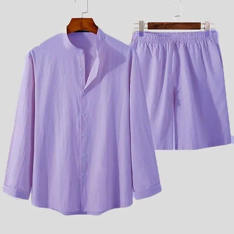 Neu 2024 männer Sommer Casual Hawaiian Strand 2PCS Solide Langarm Shirt und Bord Shor Streetwear Baumwolle Leinen_voghion.com