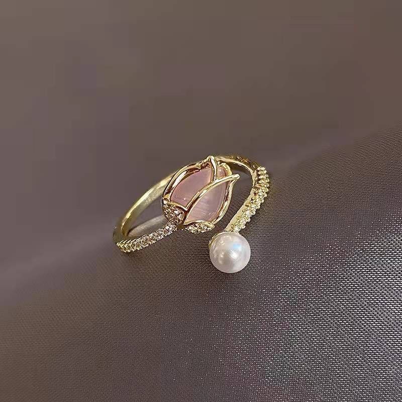 Δαχτυλίδι τουλίπα για γυναίκες ins style νέο ελαφρύ πολυτελές δαχτυλίδι εξειδικευμένο Κορεατικό ρετρό ένθετο μαργαριτάρι δαχτυλίδι_voghion.com