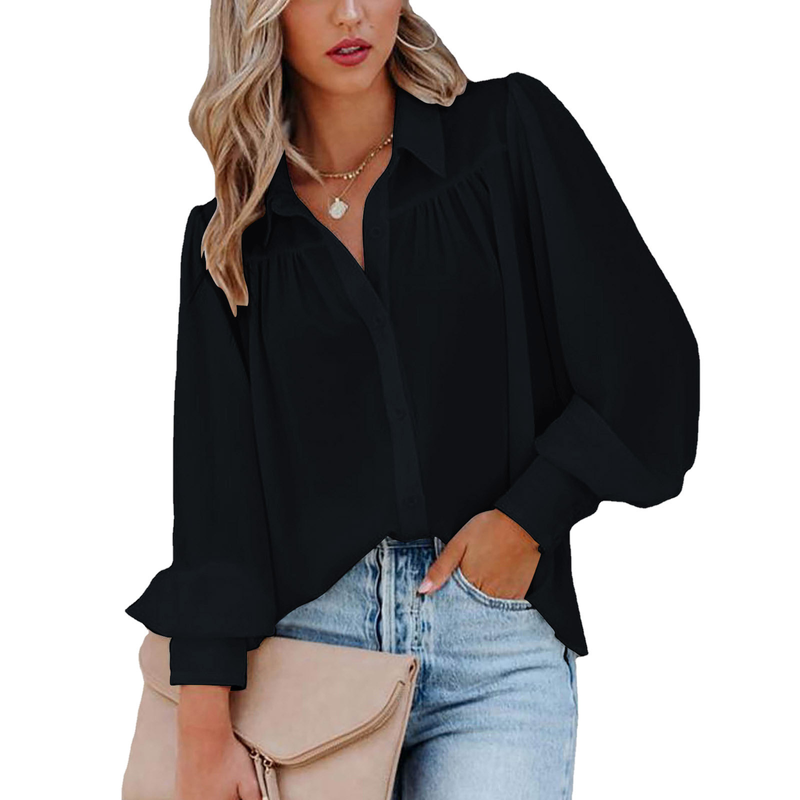Camicia ampia da donna con colletto alla coreana in tinta unita e maniche lunghe_voghion.com