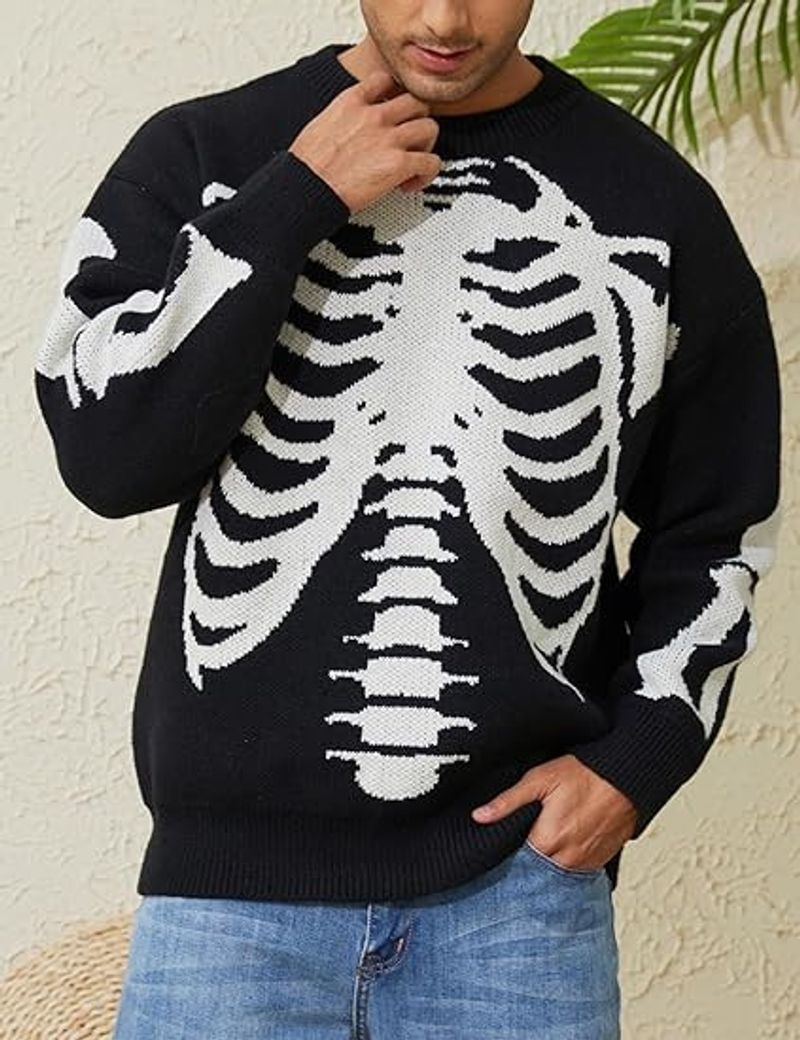 Pull imprimé squelette d'Halloween | Pull streetwear oversize en tissu extensible (noir, S-XL)_voghion.com