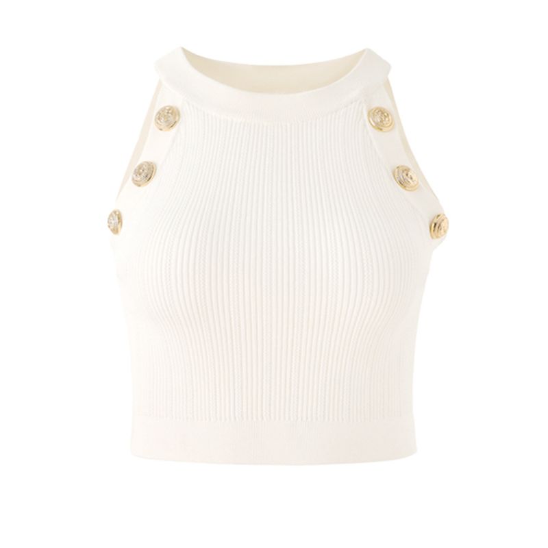 Gilet sans manches pour femmes, corsage tricoté, rivets, boucle, tricot blanc, base à usage unique_voghion.com