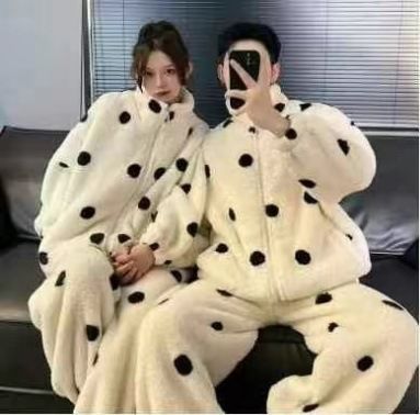 Herbst und Winter Polka Dot Cardigan Warmer und bequemer Pyjama Loungewear Zweiteiliges Set_voghion.com