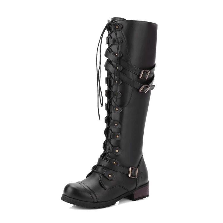 Leather boots round head belt buckle Flat boots Women's new autumn and winter rivet lace-up high knight boots_voghion.com