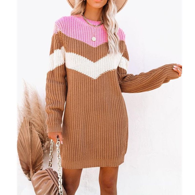 Abito maglione da donna a maniche lunghe in patchwork stile pendolare_voghion.com