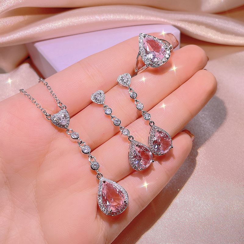 Simulated Pink Diamond Pendant Water Drop Earrings Necklace Women's Gemstone Set_voghion.com