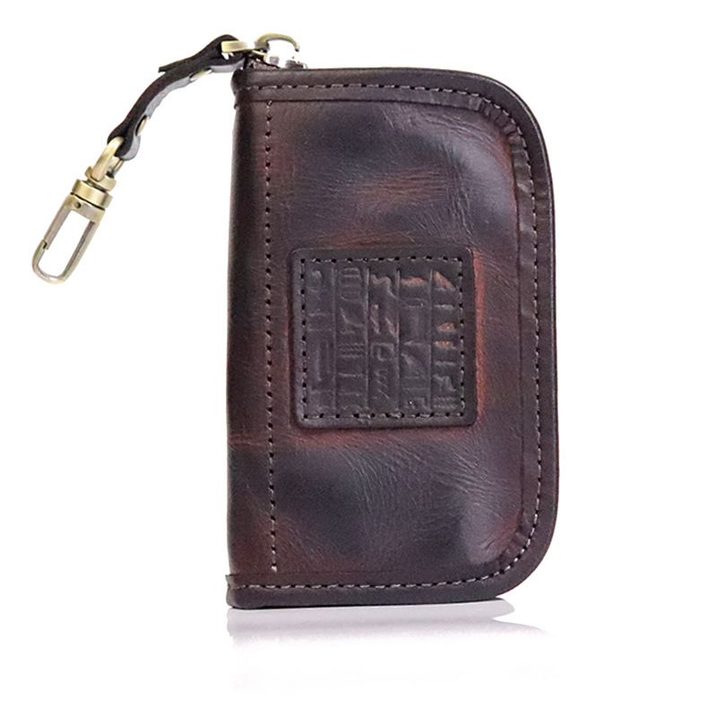 Handgepolijste sleuteltas van plantaardig gelooid leer, retro 2-in-1 pasjestas voor heren, sleuteltas, eenvoudige kleine tas van koeienhuid_voghion.com