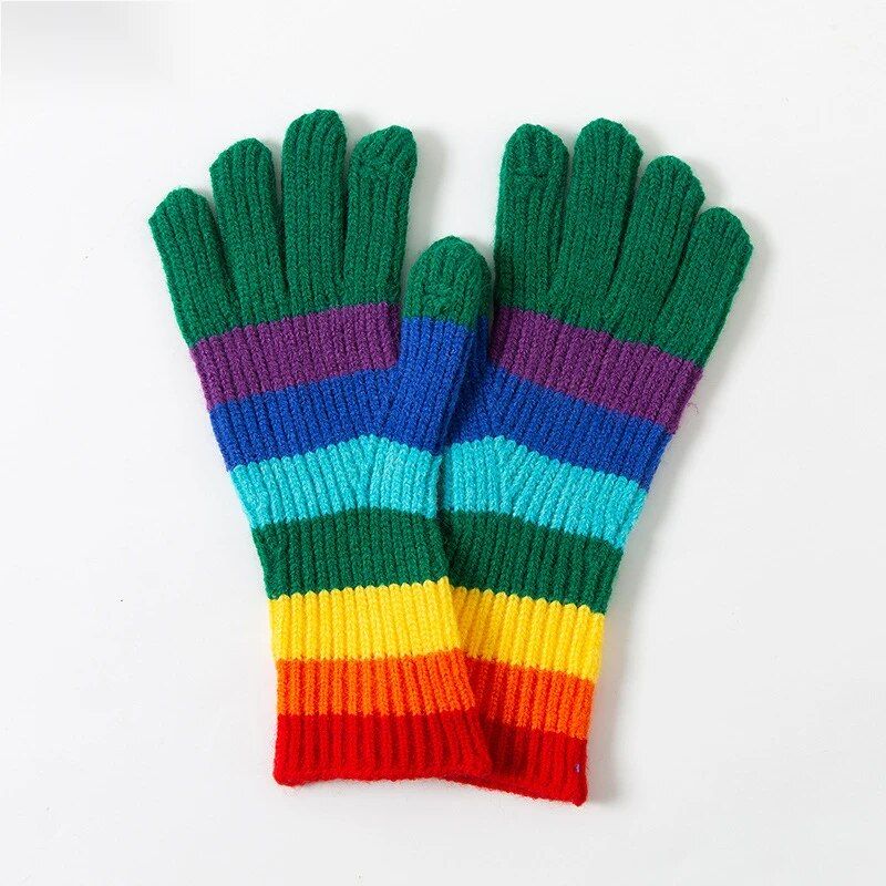 Winter Warmth, Thickened Wool, Rainbow Stripes, Couple's Touch Screen, Cute Gloves For Men And Women, Two Fingers_voghion.com