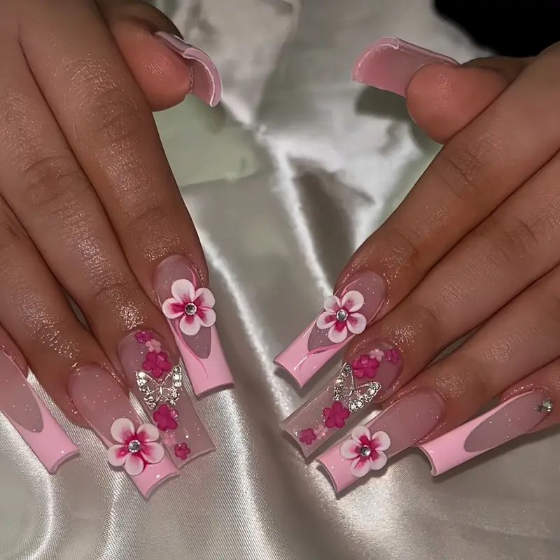 Beauty & Health Sweet Cool Flower Broken Diamond Nail Nail Tips European Square Long False Nails Finished Product_voghion.com
