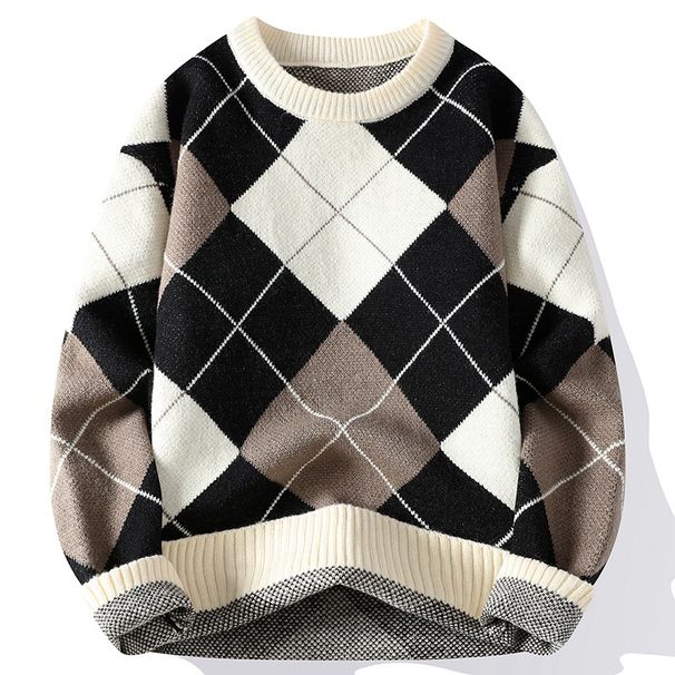 Herenkleding Diamond Check Crewneck Trui Heren Herfst/Winter Verdikte Trui Heren Losse Casual Trui_voghion.com