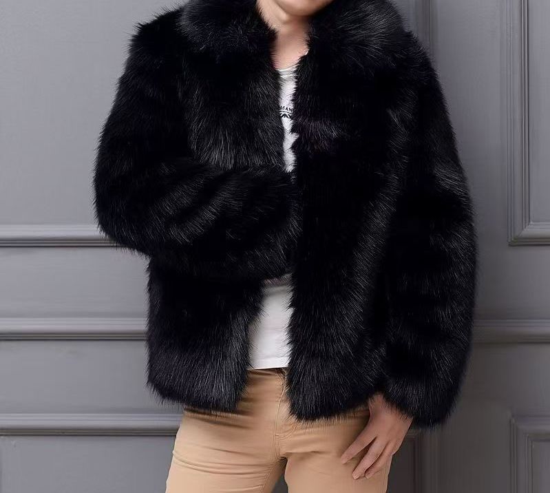 Men’s Faux Fur Coat – Winter Luxury Jacket With Fox & Mink-Like Texture (Black, Double-Breasted, Mid-Length, Vegan-Friendly Outerwear)_voghion.com