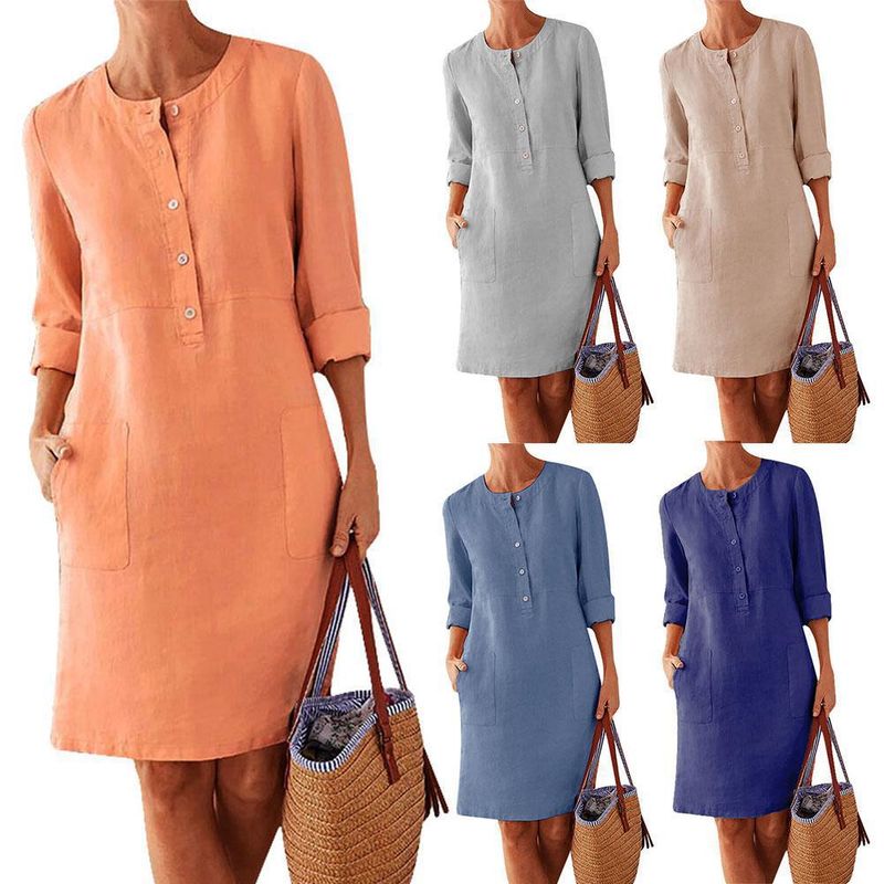 Abito da donna in cotone e lino con scollo rotondo e maniche lunghe_voghion.com