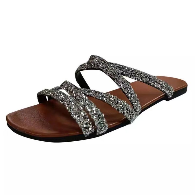 Women's Shoes Large Size Sandals Summer New Round Head Rhinestone One Line Flat Bottom Casual Slippers For Women_voghion.com