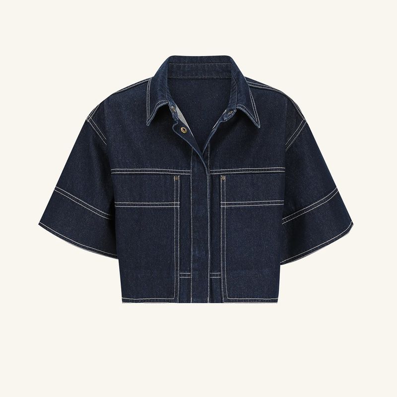 Ensemble deux pièces en jean pour femme, chemise décontractée à manches courtes et jupe fendue, été 2025_voghion.com