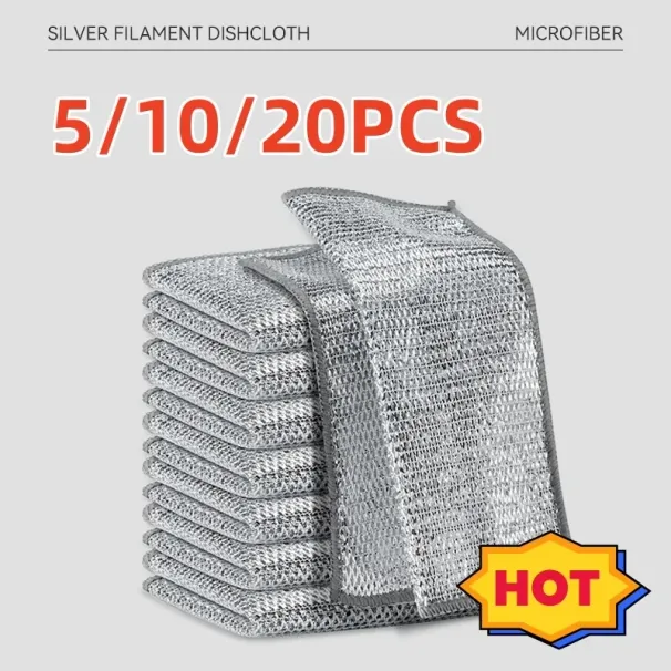 20 pezzi di salviette in filo d'argento bifacciali singole per la pulizia di stoviglie da cucina, fornelli, antiaderenti, panni per piatti in filo metallico_voghion.com