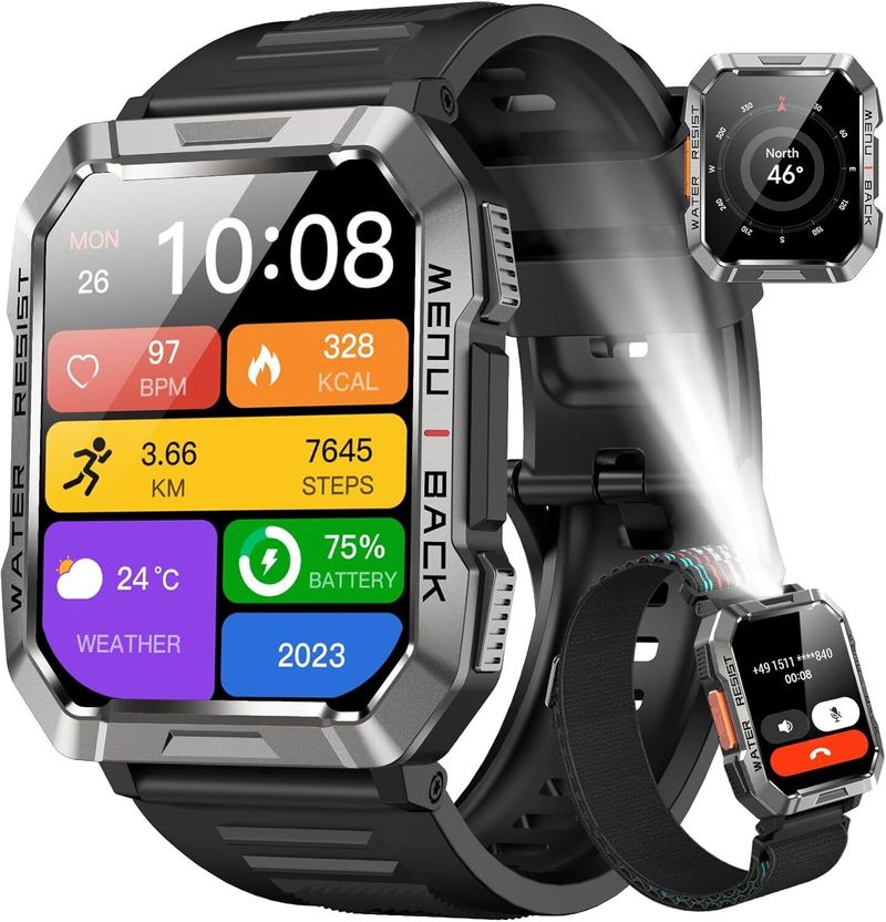 Military Smart Watch For Men Bluetooth Voice Call With LED Flashlight/Compass UK_voghion.com