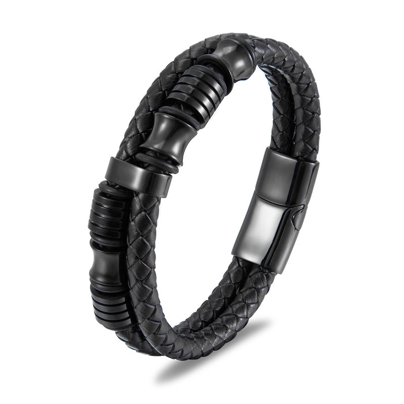 Bracciale da uomo in pelle nera, in acciaio inossidabile, semplice bracciale in pelle_voghion.com
